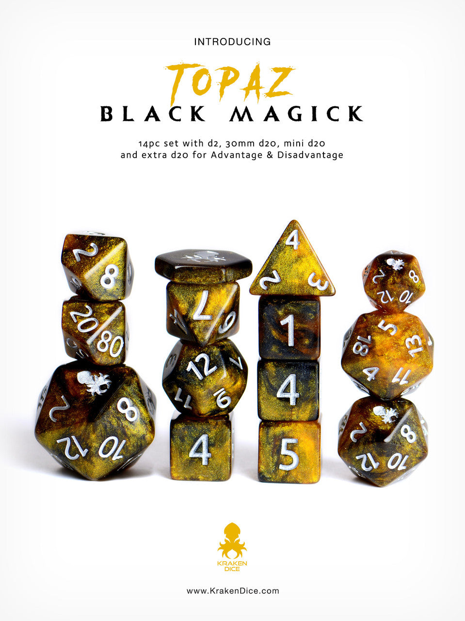 Topaz Black Magick Silver Ink 14pc DnD Dice Set With Kraken Logo